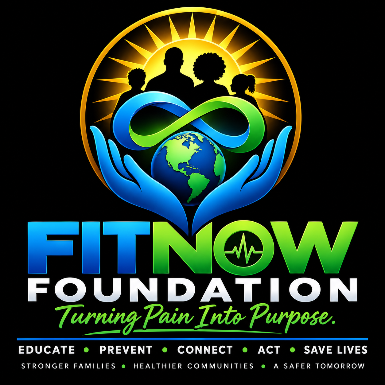 FITNOW Foundation logo. Turning Pain Into Purpose. Educate, Prevent, Connect, Act, Save Lives.